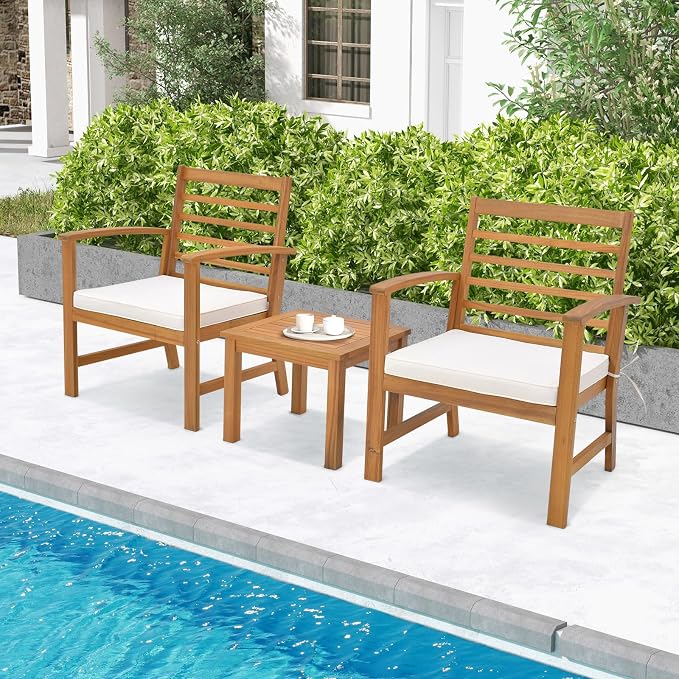 Tangkula 3 Pieces Outdoor Furniture Set, Acacia Wood Conversation Set with Soft Seat Cushions, Stable Acacia Wood Frame, Patio Sofa & Coffee Table Set for Backyard, Porch, Poolside (White)