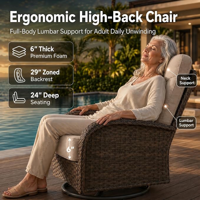 HUMMUH 3-Piece Outdoor Wicker Swivel Rocker Patio Set, High Back | 6 in Olefin seat and back cushions, PE rattan, steel frames, 350 lb chair capacity, for deck, yard, and poolside