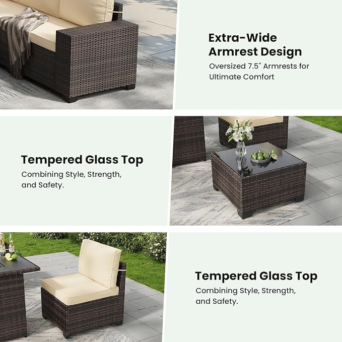 Soohow 6-Piece Patio Furniture Set All-Weather Outdoor Wicker Sectional Conversation Set with Cushion and Glass Table for Garden, Porch, Backyard, Beige Cushions