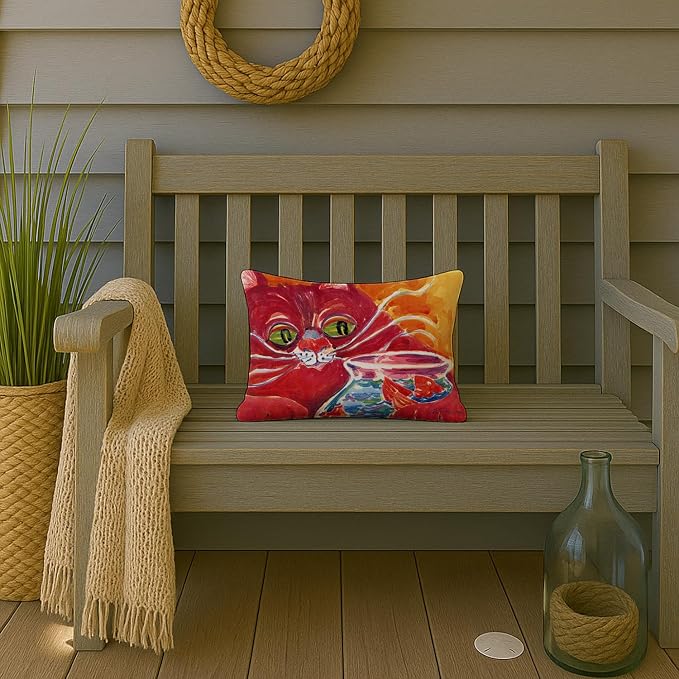 Caroline's Treasures 6048PW1216 Big Red Cat at the Fishbowl Canvas Fabric Decorative Pillow Machine Washable, Indoor Outdoor Decorative Pillow for Couch, Bed or Patio, 12HX16W
