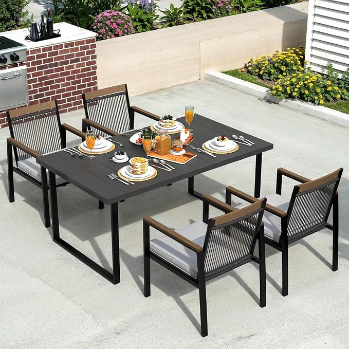 5-Piece Patio Dining Table and Chair Sets, Outdoor Metal Dining Furniture Set with Umbrella Hole, 4pcs Patio Chairs with Cushions for Backyard, Deck (Black/Brown, 5Pcs)