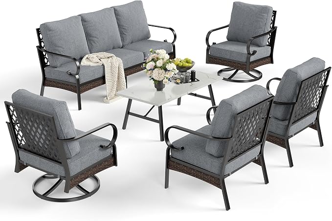 SUNSHINE VALLEY 6 Piece Metal Outdoor Patio Furniture Set, Patio Conversation Set - 1 3-Seater Sofa and 2 Swivel Sofas with 5.75" Thick Cushions & Coffee Table - Black and Gray Backyard Furniture