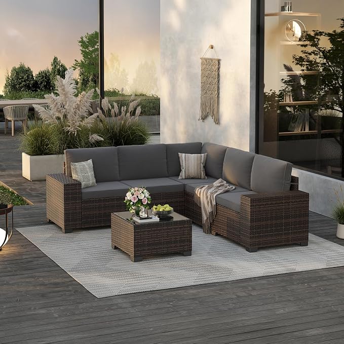 Soohow 6-Piece Patio Furniture Set All-Weather Outdoor Wicker Sectional Conversation Set with Cushion and Glass Table for Garden, Porch, Backyard, Grey Cushions