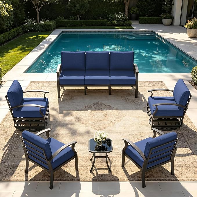Kurapika Aluminum Patio Furniture Set 7-Seat Modern Metal Outdoor Conversation Sets w/Swivel Rocking Chairs Patio Sectional Sofa w/5.1 Inch Cushion, Navy Blue