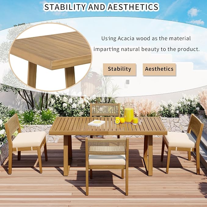 RUNNA Modern Acacia Wood Outdoor Dining Table and Chairs Set with Thick Cushions, Elegant Patio, Balcony, Garden Furniture for Entertaining (Beige-A2)