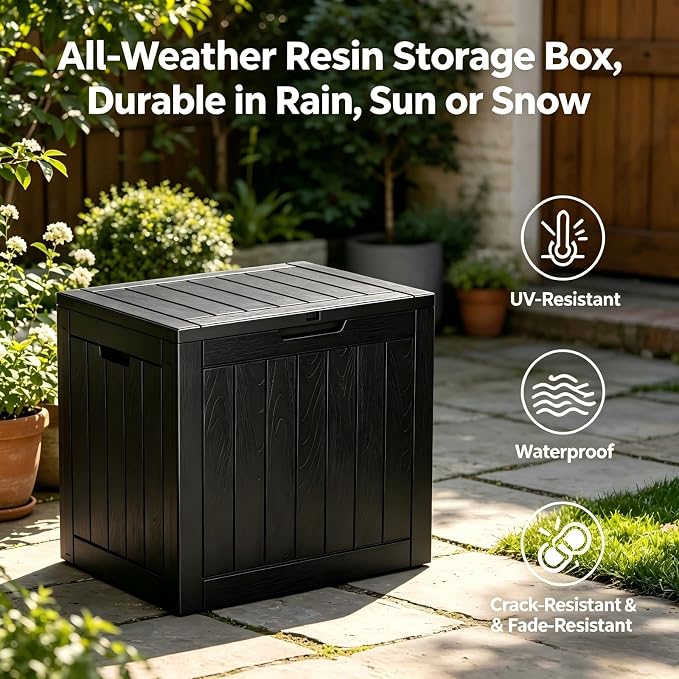 34 Gallon Outdoor Storage Box, Resin Deck Box Waterproof, Raised Bottom Outdoor Storage Bin with Lockable Lid for Patio Cushions & Garden Tools - Black