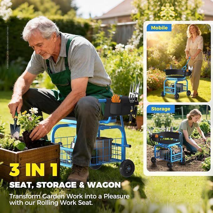Suntee Garden Seat with Wheels, Rolling Gardening Stool with 360° Swivel Seat & Backrest,Tool Storage Basket & Back Tool Pouch, Adjustable Handle, Outdoor Gardening Scooter, Garden Cart for Seniors