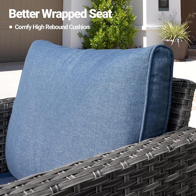 ovios 5 Pieces Patio Furniture Set, Outdoor Wicker Rattan Sofa Couch with 30" Fire Pit Table, Loveseat Chairs, Conversation Sets for Yard Porch Garden, Denim Blue