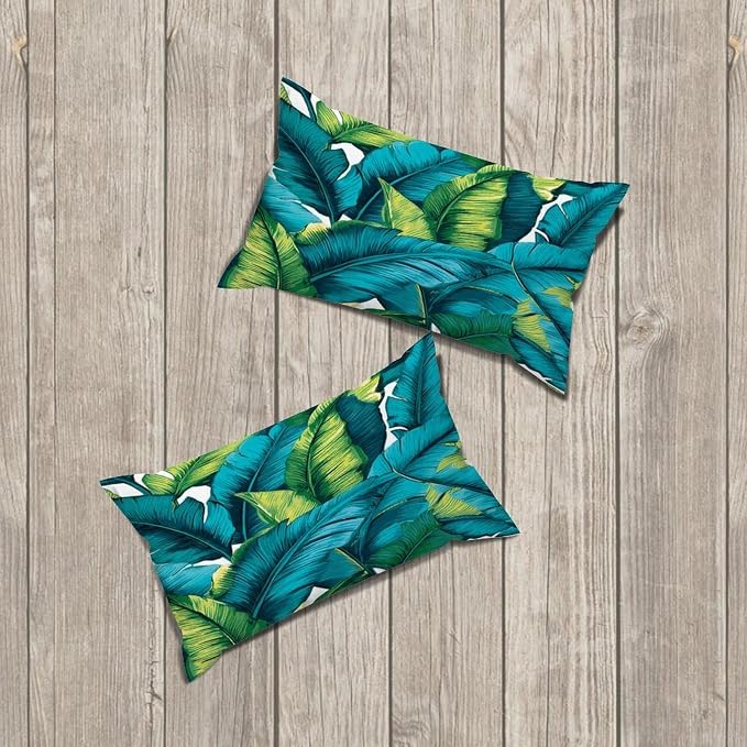 Set of 2 Turquoise Lime Green Teal Blue Aqua Tropical Plants Cushion Cover Case with Zipper 12x20in Canvas Pillow Cover Rectangle Pillow Case for Couch Bed Car Pub Coffee Bar Living Room Decor