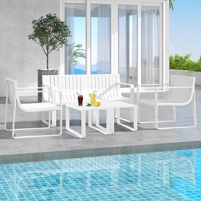 Tangkula 3-Piece Patio Furniture Set, Outdoor Conversation Set w/1 Loveseat & 2 Side Tables, All-Weather Patio Bistro Set for Lawn, Backyard, Poolside, Balcony, Garden, Deck, Blue