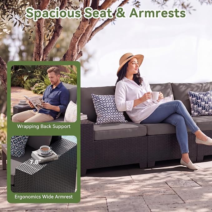 LazySunsets 13 PCS Patio Furniture Set with 44'' Fire Pit Table, Outdoor Sectional All-Weather Wicker Conversation Set with Swivel Rocker Chairs, 4'' Thick Cushions for Backyard Poolside(Crey/Black)