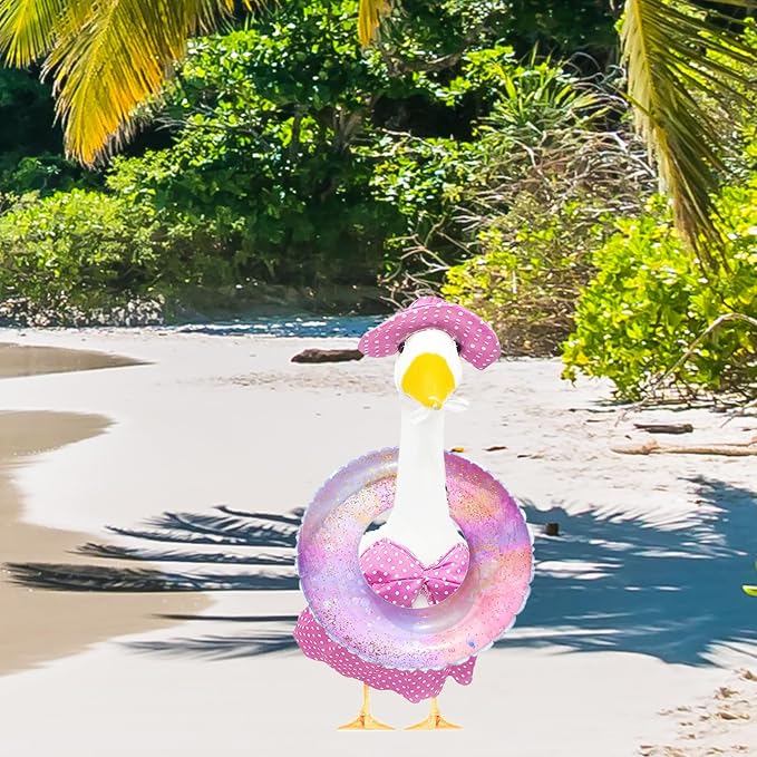 Porch Goose Summer Outfit for Cement or Plastic Goose 23'' Lawn Patio Statue, Bikini Goose Clothes, Hawaiian Outfit with Hat Sunglasses & Swimming Ring for Outdoor Garden Yard Decor (Pink)