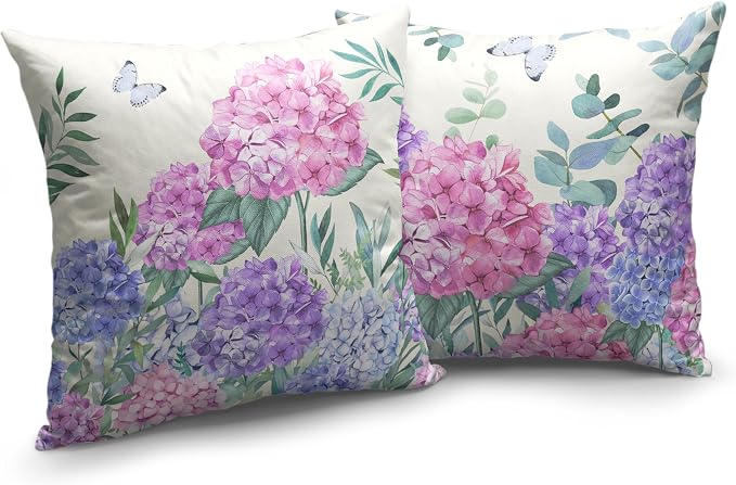 Pink Hydrangea Pillow Covers Spring Flowers Outdoor Pillow Covers 16x16 Set of 2 Purple Pink Hydrangea Eucalyptus Pillow Case Cotton Linen Cushion Case for Sofa Garden Patio