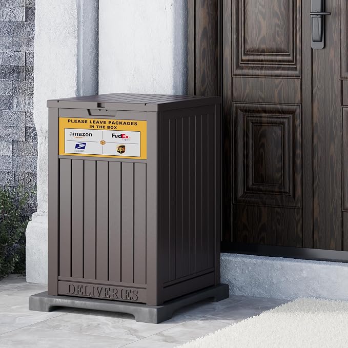 NUNU LAB Package Delivery Box for Outside, 48 Gallon Storage Deck Box with Lockable Secure, Waterproof Large Resin Drop Boxes for Porch