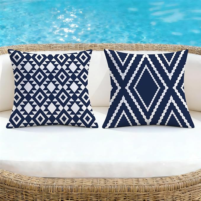 NIGHTWISH Outdoor Waterproof Pillow Covers 16x16 Set of 4 Navy Blue and White Modern Geometry Decorative Outdoor Throw Pillows Boho Cushion Cases for Patio Furniture Bench Couch Sunbrella