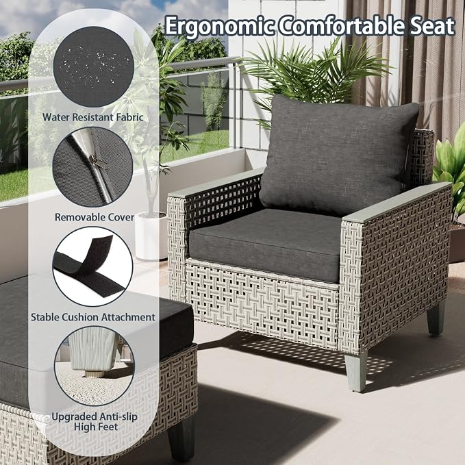 Outdoor Patio Furniture Set 7-Piece Modular Wicker Sectional Sofa with Ottomans and Thick Cushions, Modern Rattan Outdoor Conversation Couch for Garden Backyard, Black
