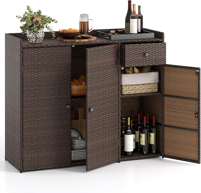 Tangkula Rattan Outdoor Storage Cabinet, Patiojoy Outdoor Cabinet with 2 Adjustable Shelves, 1 Drawer, 3 Doors, Patio Storage Deck Box Table for Patio Garden Poolside