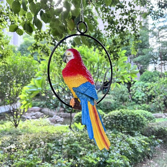 Lifelike Parrot Garden Statues Hanging Decor Ornaments Figurines Sculpture for Patio Lawn Yard, Blue Tail