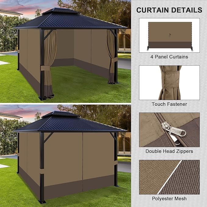 Aoodor 12x12 ft Outdoor Gazebo Curtains, 4 Panels Waterproof Privacy Sidewall Replacement with Zipper for Patio Pergola and Canopy, Light Coffee and Coffee