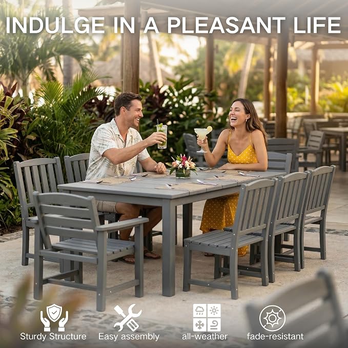 Kingdura 7 Piece Patio Dining Set for 6, 75.2'' HDPE Outdoor Dining Table Set with 2" Umbrella Hole, Weather-Resistant Outdoor Furniture, Table and Chairs Set for Backyard Pool Garden, Grey