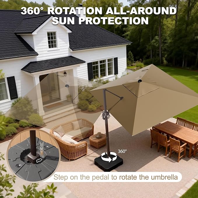 9' X 12' Cantilever Patio Umbrella Rectangle Outdoor Umbrella with Base Included, 6-Level Tilt & 360° Rotation Offset Umbrella for Garden, Deck, Pool (Brown)