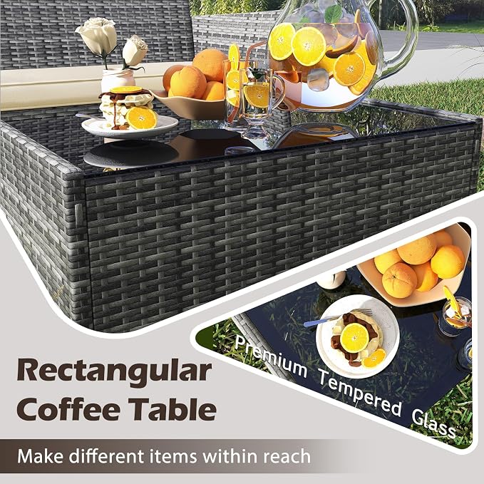 RELAX4LIFE 8-Piece Patio Furniture Set - Rattan Outdoor Conversation Bistro Set w/Cushions, Glass Coffee Table, Wicker Chairs & Loveseat for Pool Garden Backyard Porch Balcony (2, Mix Grey-Beige)
