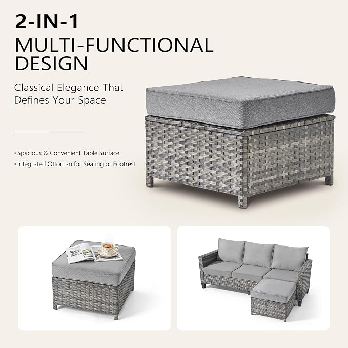 CAODOC 7-Piece Outdoor Wicker Patio Set with 7 Seats, Including 43" Fire Pit - Swivel Rocker Chairs and Conversation Set for Backyard or Lawn, Gray Rattan with Waterproof Dark Gray Cushions