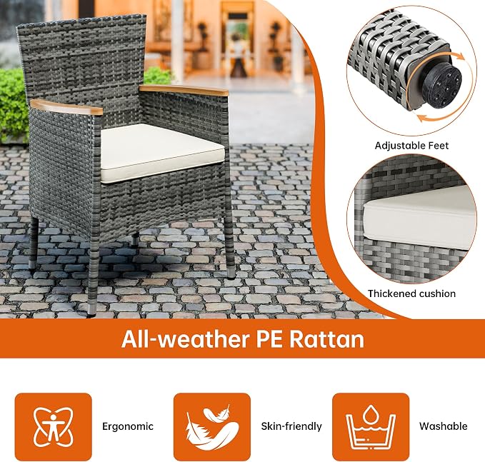 Shintenchi 7 PCS Patio Dining Set, Wicker Patio Conversation Set with Wooden Table Top, Outdoor Table and Chairs with Soft Cushions for Backyard, Deck and Garden, Grey Rattan