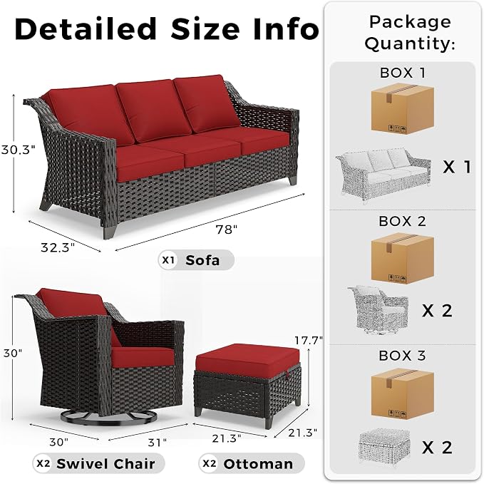 5 Pieces Patio Conversation Furniture Set - 1 Sofa, 2 Swivel Chairs, 2 Ottomans, Outdoor Wicker Furniture with Removable Cushions for Porch, Balcony, Sunroom (Red)