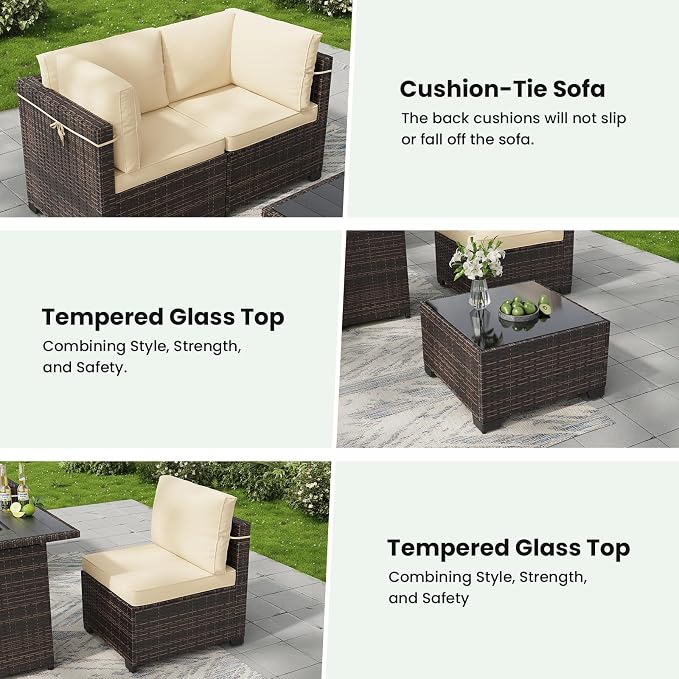 Soohow 7-Piece Patio Furniture Set, Outdoor Conversation Set, Thickened All-Weather Rattan Sectional Sofa with Tempered Glass Table for Garden, Porch, Backyard - Beige Cushions