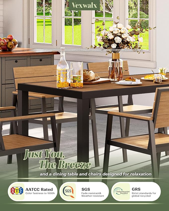 Vexwalx Outdoor Dining Chairs Set of 2, HDPS + Aluminum Patio Dining Chairs with Ergonomic Design and Wide Seat, 2 Piece Outdoor Chairs for Garden, Backyard, Deck (Gray-Teak)