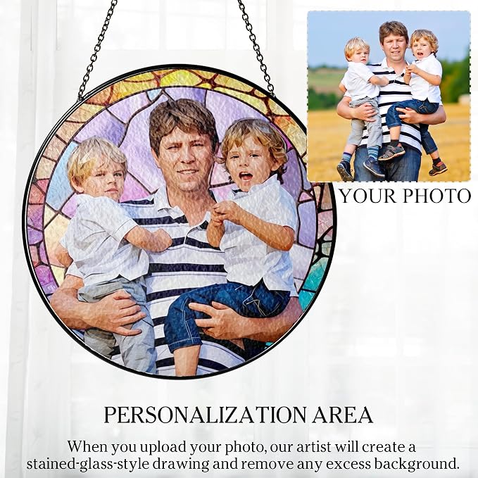 Custom Photo Stained Glass Window Hanging Suncatcher 2026, Personalized Family Photo Sun Catcher Gift for Dad, Custom Father's Day Window Decor for Father, Grandpa, Grandfather