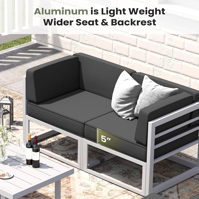 7 Piece Aluminum Patio Furniture Set with Waterproof Cover & 5" Thick Cushions, Aluminum Outdoor Sectional Conversation Set with Coffee Table Ottoman for Porch, Backyard(Light Grey/Grey)