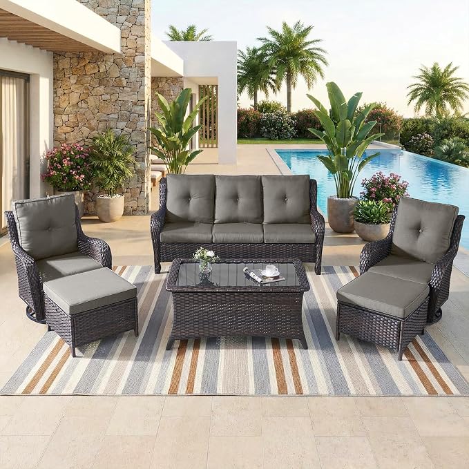 6 Piece High Back Patio Furniture Set - All Weather Patio Conversation Set with 4 Inch Thick Cushions and Deep Seating Swivel Glider Chairs & Outdoor Couch for Porch Deck Yard Pool