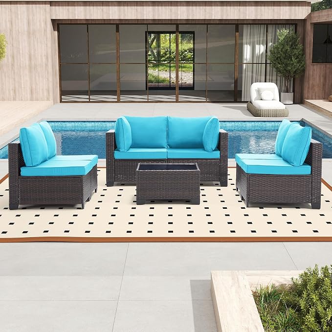 Bonzy Home 5 Pieces Outdoor Patio Furniture Set, PE Rattan Outdoor Sectional Furniture Sofa Set with Removable Cover and Glass Coffee Table, Patio Sofa for Balcony, Porch, Garden, (Brown-Turk Blue)