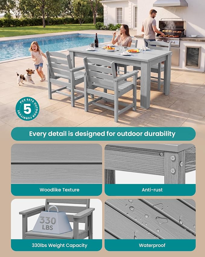 SERWALL 59" Outdoor Dining Set for 4, Light Gray | Include 1 Rectangular Dining Table and 4 Armrest Chairs, All Weather Dining Sets for Garden, Backyard