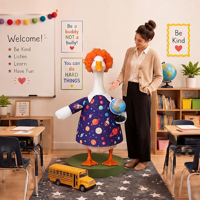 Outus Back to School Porch Goose Outfits Includes Galaxy Print Dress Orange Wig and Globe Prop First Day of School Classroom Goose Clothing for Outdoor Garden Yard Patio Lawn 23" Statue