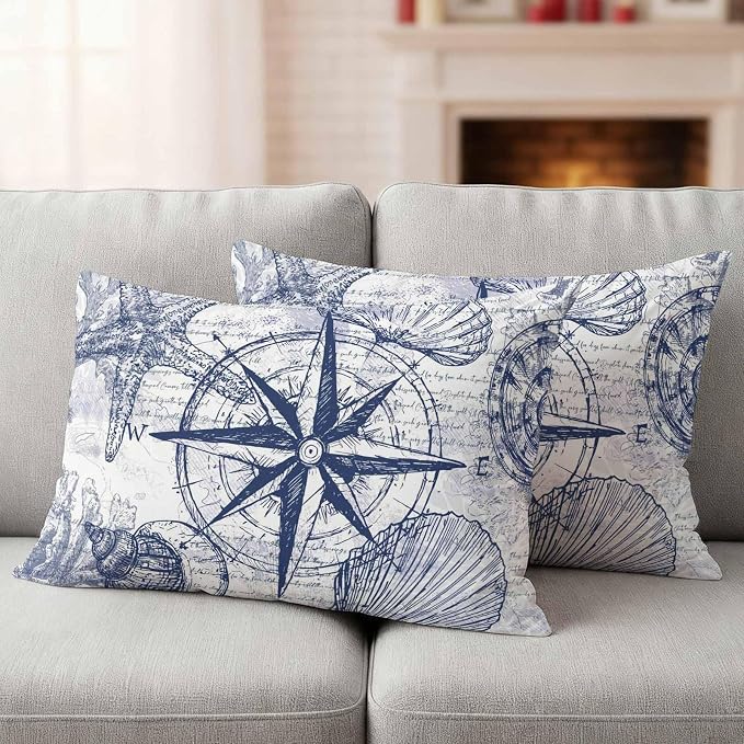 Vintage Nautical Outdoor Waterproof Throw Pillow Covers Set of 2, 20"x12", Summer Navy Blue Compass Shell Starfish Map Decorative Pillow Covers Outside Cushion Case for Patio Porch Garden