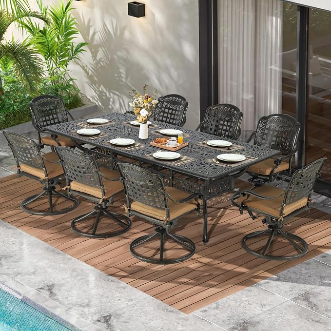 MEETWARM 9-Piece Outdoor Patio Dining Set, All Weather Cast Aluminum Patio Funiture Table and Chairs Set- 94.5” Rectangular Table and 8 Cushioned Swivel Rocker Chairs for Garden, Umbrella Hole, Khaki