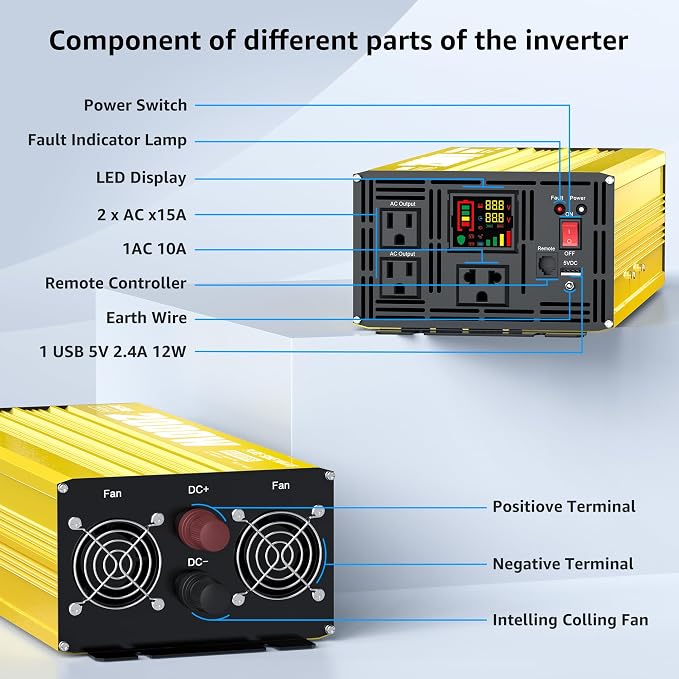 XWJNE 2000 Watt Pure Sine Wave Inverter 12V DC to 120V AC 4000W Peak Power Converter with LED Display and Remote Controller for Home, RV, Truck, Off-Grid Solar