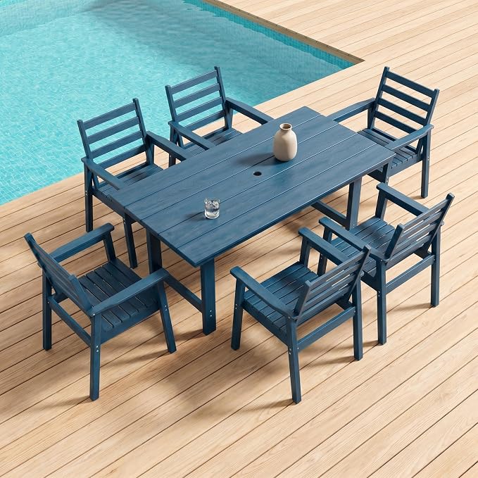 7 Piece HDPE Outdoor Dining Set for 6, Patio Dining Furniture Set with 2” Umbrella Hole, Weather Resistant Outdoor Table and Chairs for Garden, Poolside, Backyard, Deck