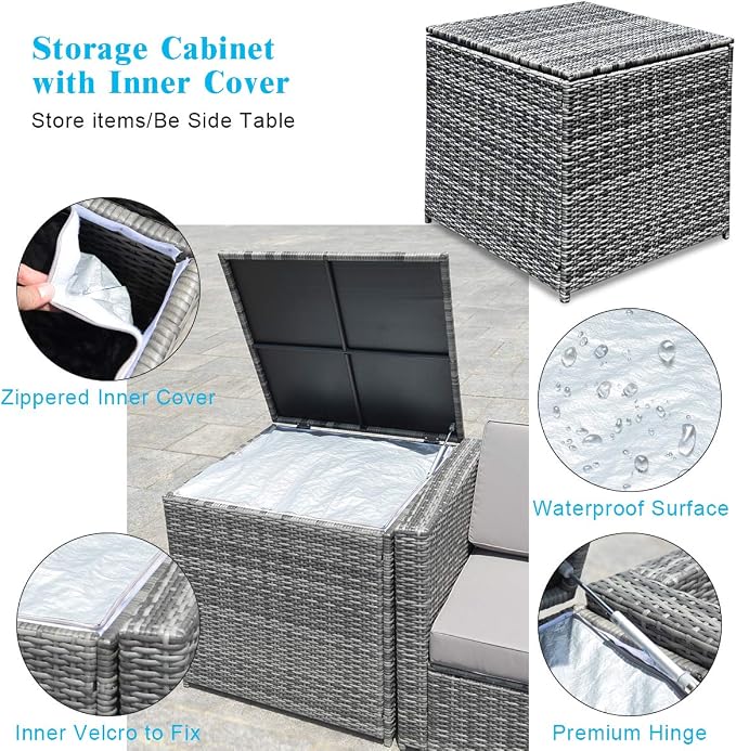 RELAX4LIFE 8-Piece Patio Furniture Set - PE Wicker Conversation Set w/Soft Cushions & Tempered Glass Storage Table, Outdoor Sectional Sofa Set for Garden, Poolside, Backyard (Turquoise)