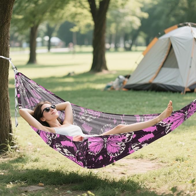Camping Hammock Outdoor Hammocks for Outside Butterfly Hotpink Beach Trees Portable Lightweight with Pockets Tree Straps Indoor Small