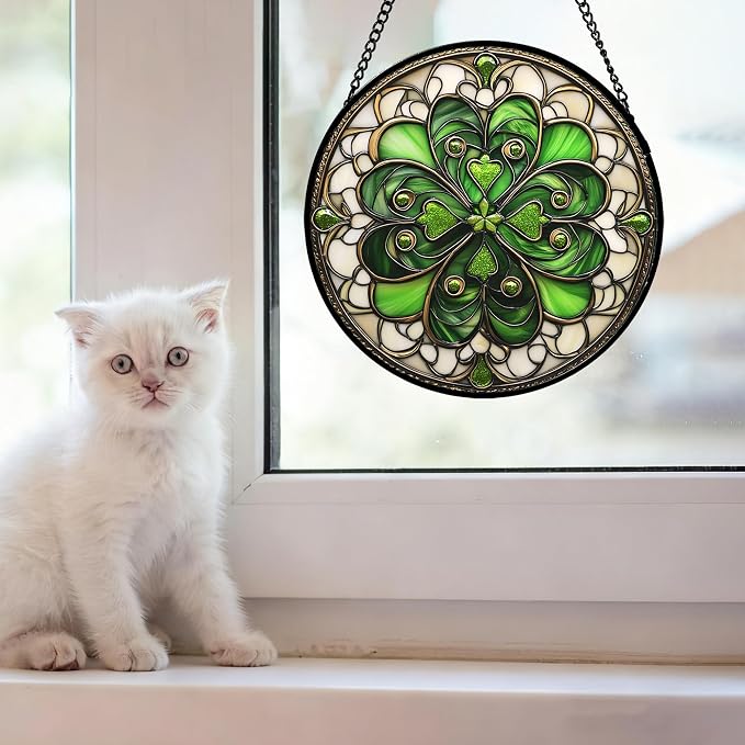 DASTOLL Stained Glass Window Hanging St. Ripak Festival Green Lucky Clover Large 15" - Suncatcher Door Garden Sun Catcher Ireland Decor Mother's Day for Mom Woman Her Men Sisters