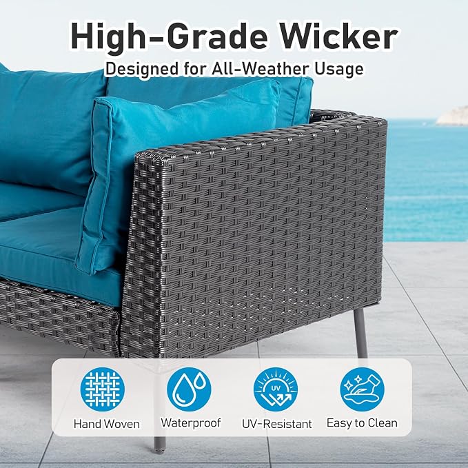 Outvita 6 Pieces Patio Furniture Set, All-Weather Outdoor Sectional Patio Sofa PE Rattan Manual Weaving Wicker Conversation Set with Ottoman & Adjustable Feet & Pillow & Seat Cushion, Green & Black