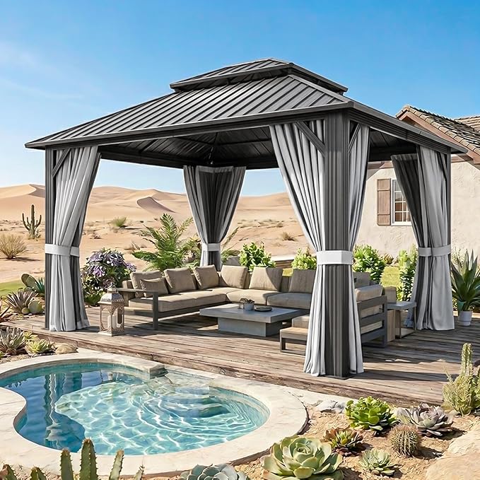 12x12FT Hardtop Gazebo, Metal Frame with Double Galvanized Steel Roof, Permanent Outdoor Pergola with Curtains and Netting Included for Backyard, Patio, Lawn and Garden, Gray