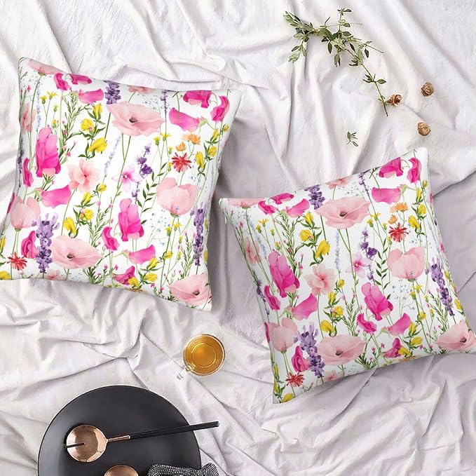 Waterproof Floral Throw Pillow Covers 20x20 inch Set of 2, Outdoor Flower Pillow Cases Colorful Decorative Cushion Covers for Spring Summer Patio Furniture Decor