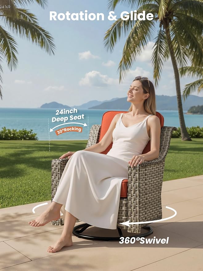 ovios 5 Piece Outdoor Patio Furniture with 3 Seat Sofa,Rattan Wicker Coversation Set with Swivel Rocking Chair,Balcony Sofa Set with Shiny Table for Outside Porch Backyard Pool, Orange