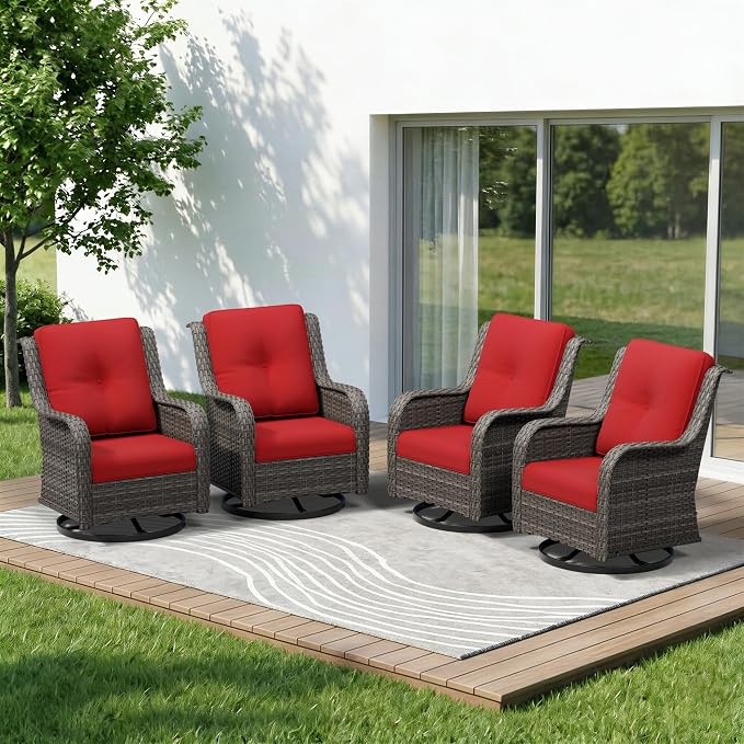 4 Piece Outdoor Swivel Rocker Patio Chairs Set, Patio Chairs Set of 4 with Thickened Olefin Cushions, High Back and Deep Seating, Hand-Woven PE Rattan for Porch, Deck, Red