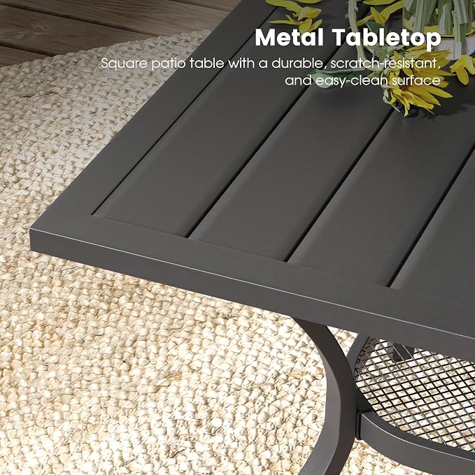 DIFY 5 Pieces Outdoor Dining Table Chair Set, Patio Dining Set with 1 Black Square Curved Legs Table with and Umbrella Hole & 4 Grey Stackable with Armrests Chairs for Lawn, Garden, Porch